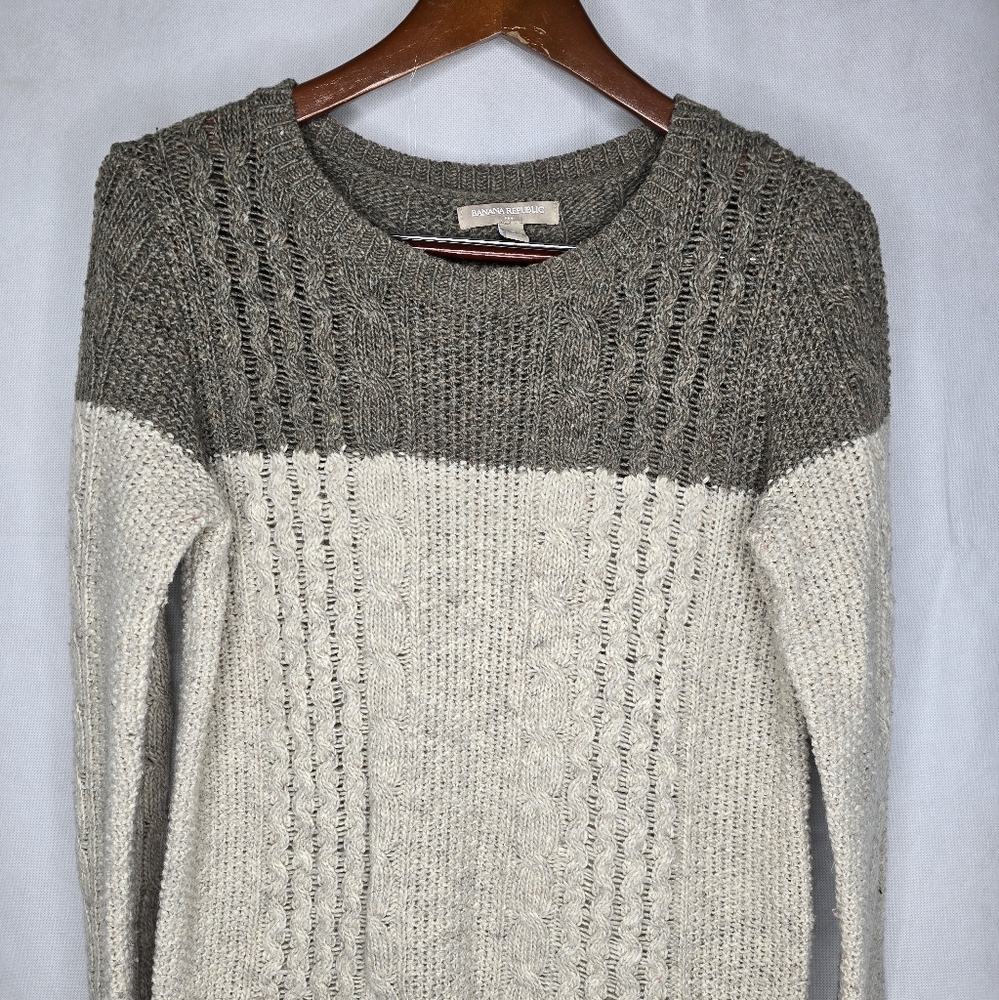 Banana Republic Factory Cable Knit Sweater Ivory Colorblock Wool Blend Side Zip